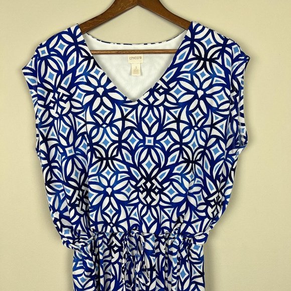 Chico's 3 Maxi Dress XL Blue White‎ Sleeveless Geo Print Jersey Knit Slit V-Neck - Picture 12 of 12